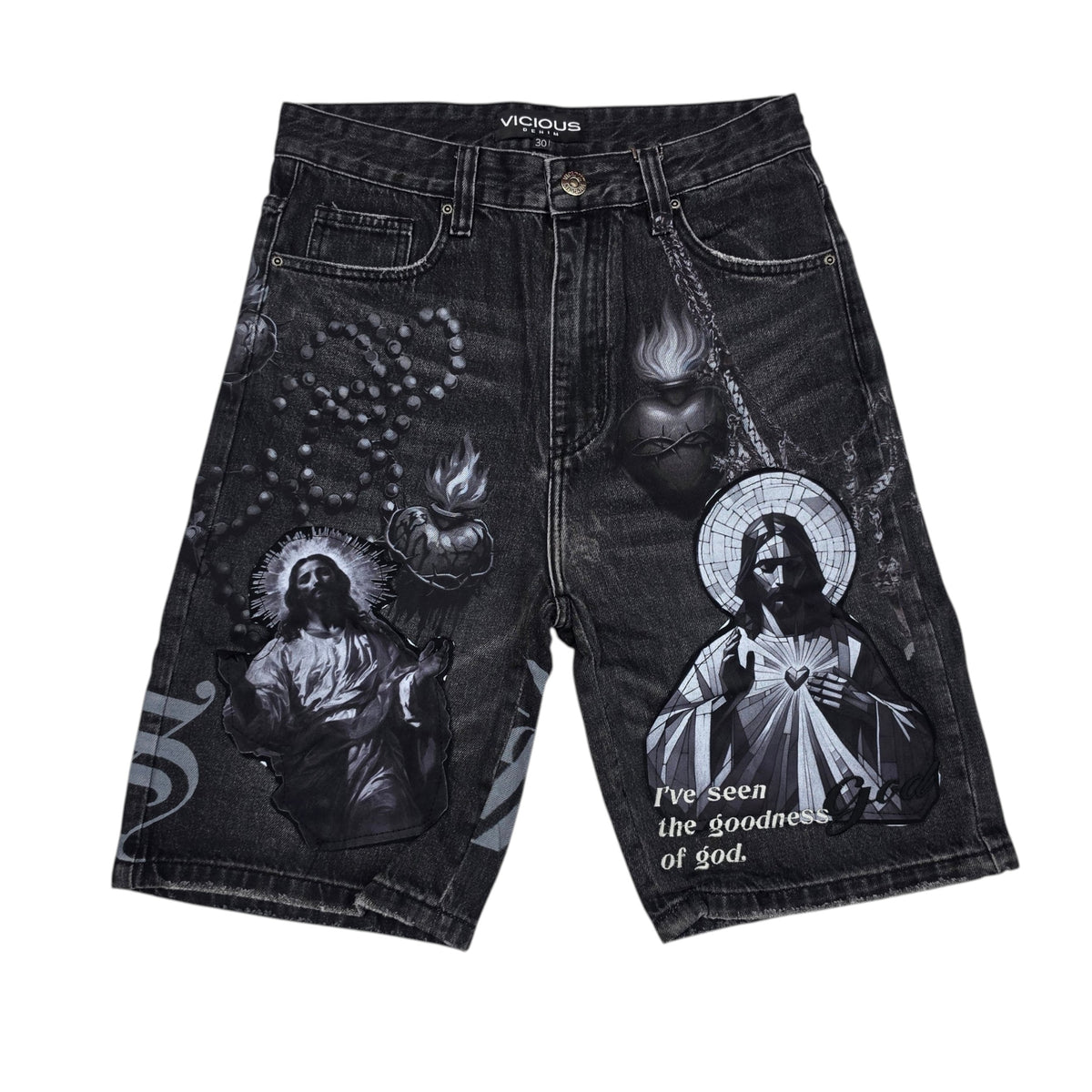 VICIOUS MEN'S OVERSIZED SACRED ART DENIM SHORTS VC1206 BLACK