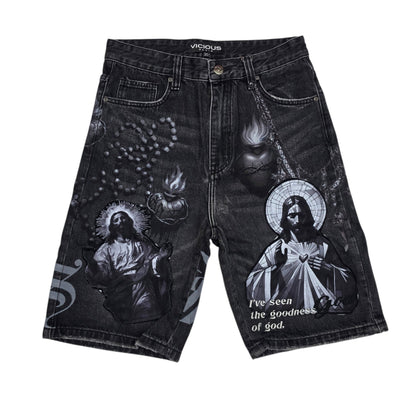 VICIOUS MEN'S OVERSIZED SACRED ART DENIM SHORTS VC1206 BLACK