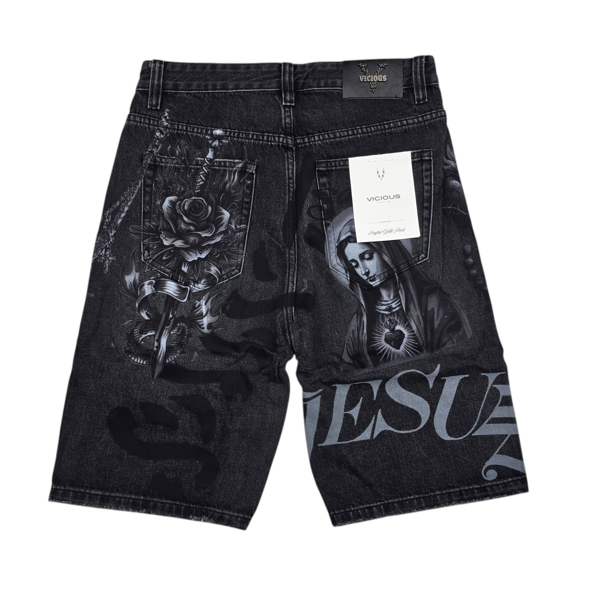 VICIOUS MEN'S OVERSIZED SACRED ART DENIM SHORTS VC1206 BLACK