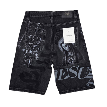 VICIOUS MEN'S OVERSIZED SACRED ART DENIM SHORTS VC1206 BLACK