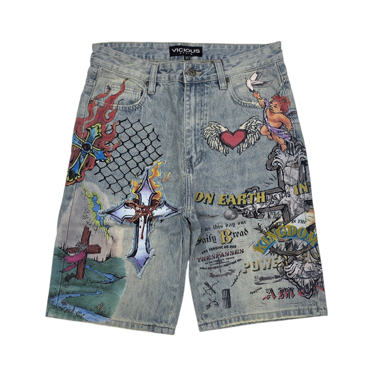 VICIOUS MEN'S OVERSIZED HEAVEN & EARTH ART DENIM SHORTS LIGHT BLUE