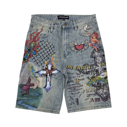 VICIOUS MEN'S OVERSIZED HEAVEN & EARTH ART DENIM SHORTS LIGHT BLUE