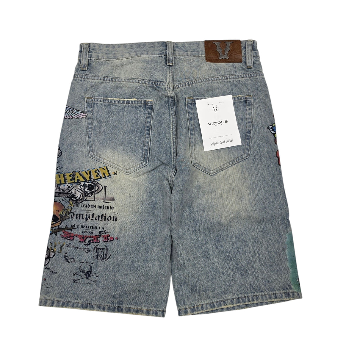 VICIOUS MEN'S OVERSIZED HEAVEN & EARTH ART DENIM SHORTS LIGHT BLUE