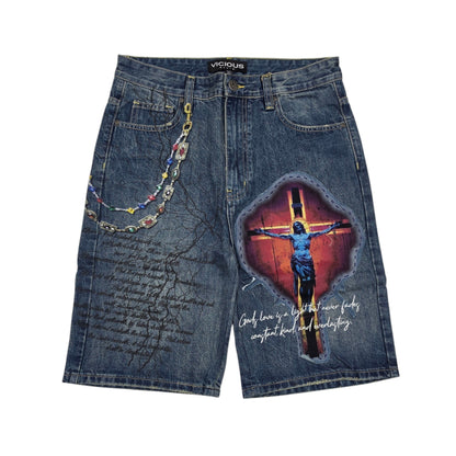 VICIOUS MEN'S OVERSIZED CROSS GRAPHIC DENIM SHORTS DK TINT VC1210