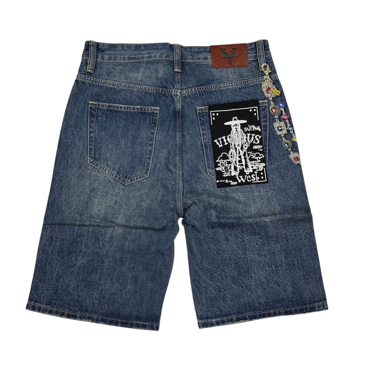 VICIOUS MEN'S OVERSIZED CROSS GRAPHIC DENIM SHORTS DK TINT VC1210