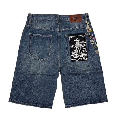 VICIOUS MEN'S OVERSIZED CROSS GRAPHIC DENIM SHORTS DK TINT VC1210