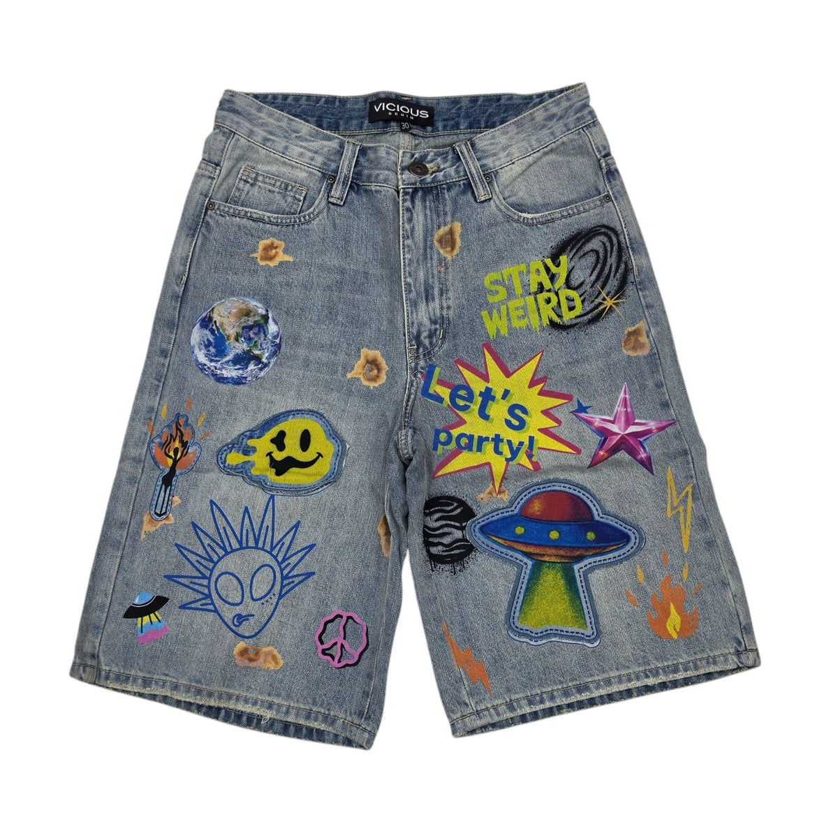 VICIOUS MEN'S OVERSIZED GALAXY GRAFFITI DENIM SHORTS