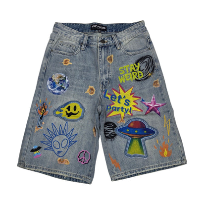 VICIOUS MEN'S OVERSIZED GALAXY GRAFFITI DENIM SHORTS