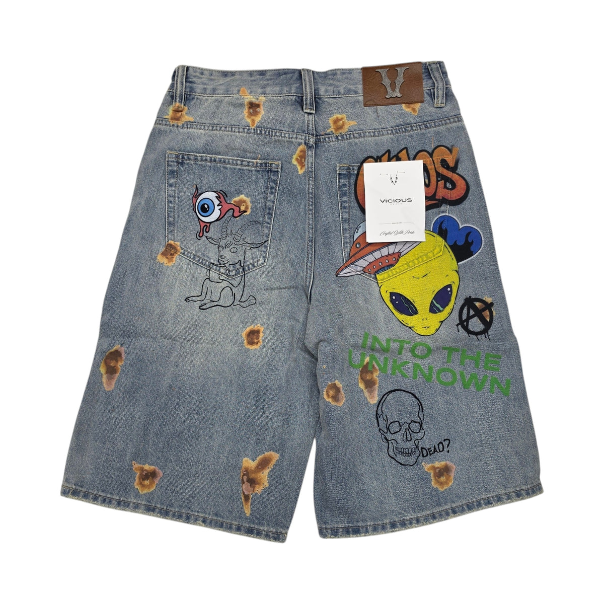 VICIOUS MEN'S OVERSIZED GALAXY GRAFFITI DENIM SHORTS