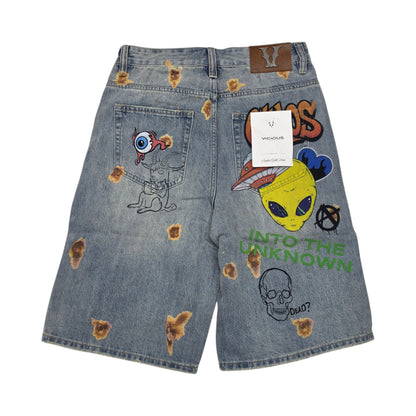 VICIOUS MEN'S OVERSIZED GALAXY GRAFFITI DENIM SHORTS