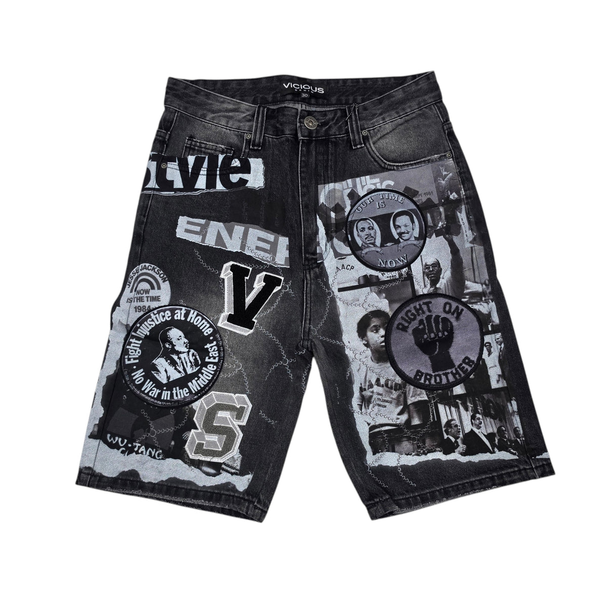 VICIOUS MEN'S OVERSIZED COLLAGE PATCH DENIM SHORTS VC1213 BLACK