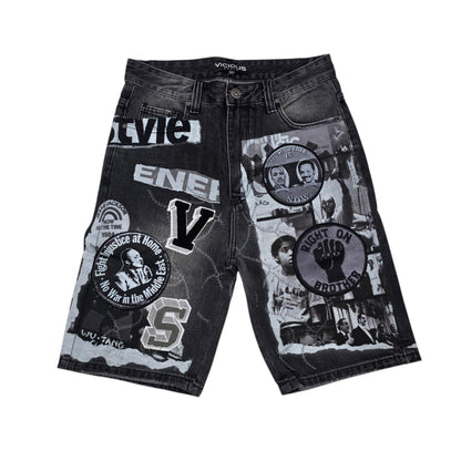 VICIOUS MEN'S OVERSIZED COLLAGE PATCH DENIM SHORTS VC1213 BLACK