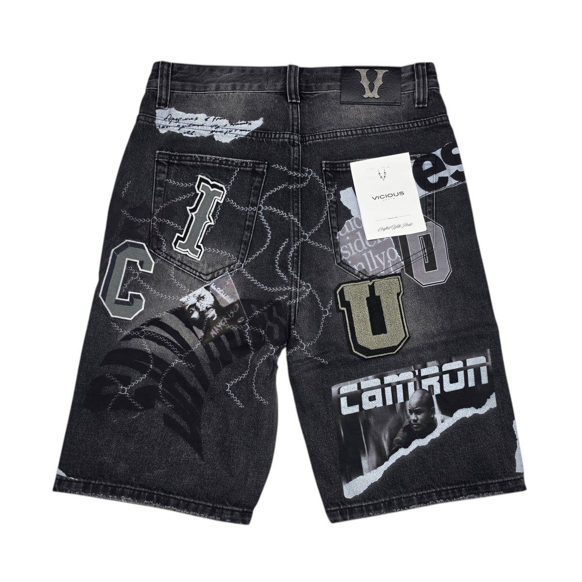 VICIOUS MEN'S OVERSIZED COLLAGE PATCH DENIM SHORTS VC1213 BLACK