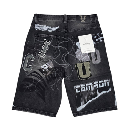 VICIOUS MEN'S OVERSIZED COLLAGE PATCH DENIM SHORTS VC1213 BLACK