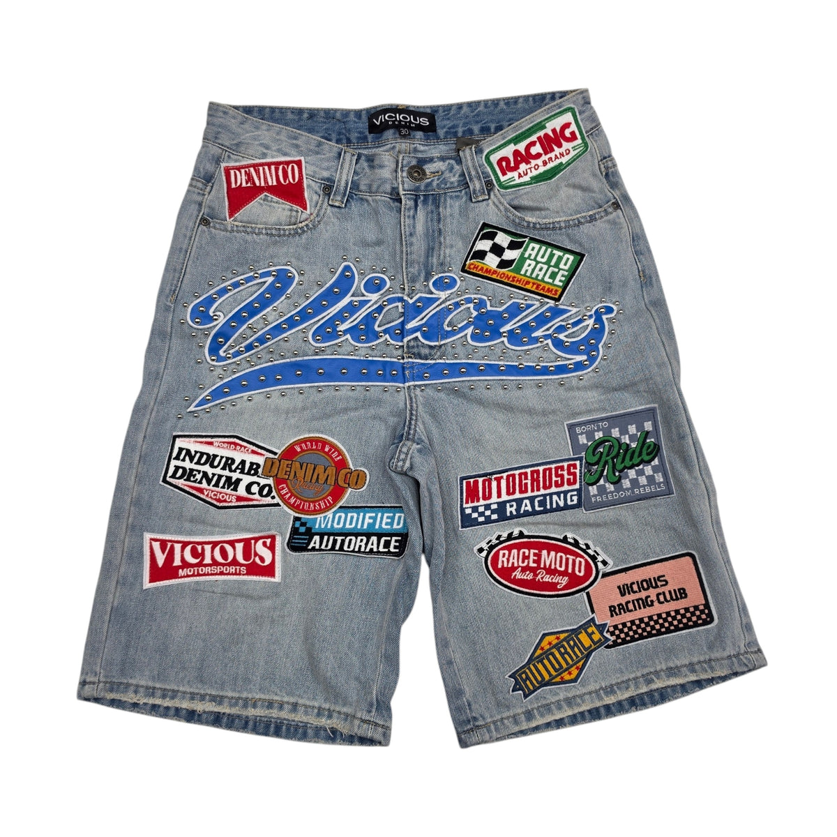 VICIOUS MEN'S OVERSIZED MOTORSPORT PATCH DENIM SHORTS VC1202 LIGHT BLUE