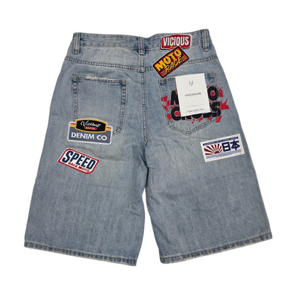 VICIOUS MEN'S OVERSIZED MOTORSPORT PATCH DENIM SHORTS VC1202 LIGHT BLUE