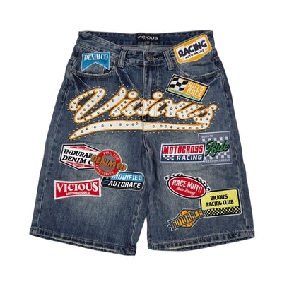 VICIOUS MEN'S OVERSIZED MOTORSPORT PATCH DENIM SHORTS VC1202 DARK INDIGO