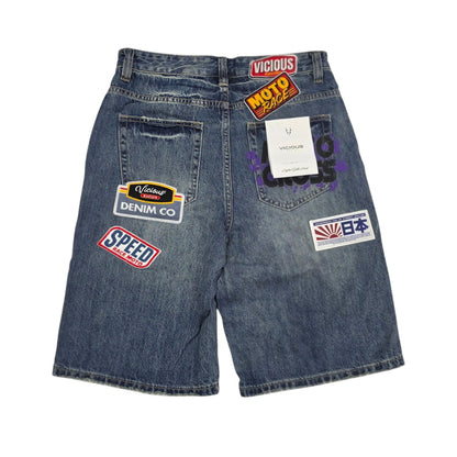VICIOUS MEN'S OVERSIZED MOTORSPORT PATCH DENIM SHORTS VC1202 DARK INDIGO