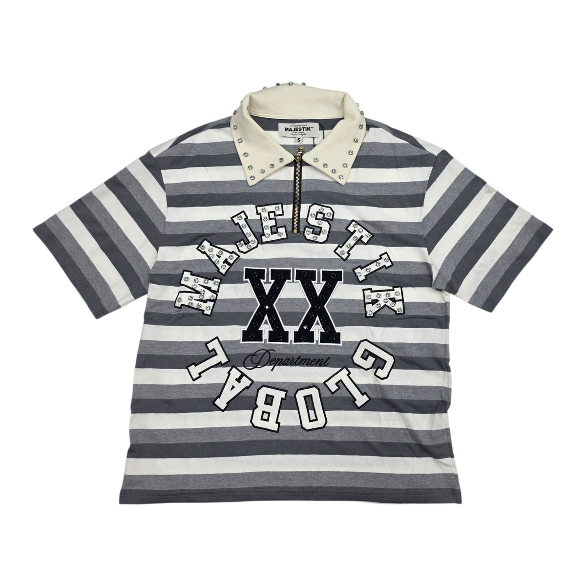 MAJESTIK MEN'S RHINESTONE STRIPED POLO SHIRT GREY
