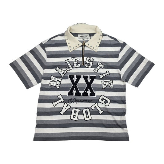 MAJESTIK MEN'S RHINESTONE STRIPED POLO SHIRT GREY