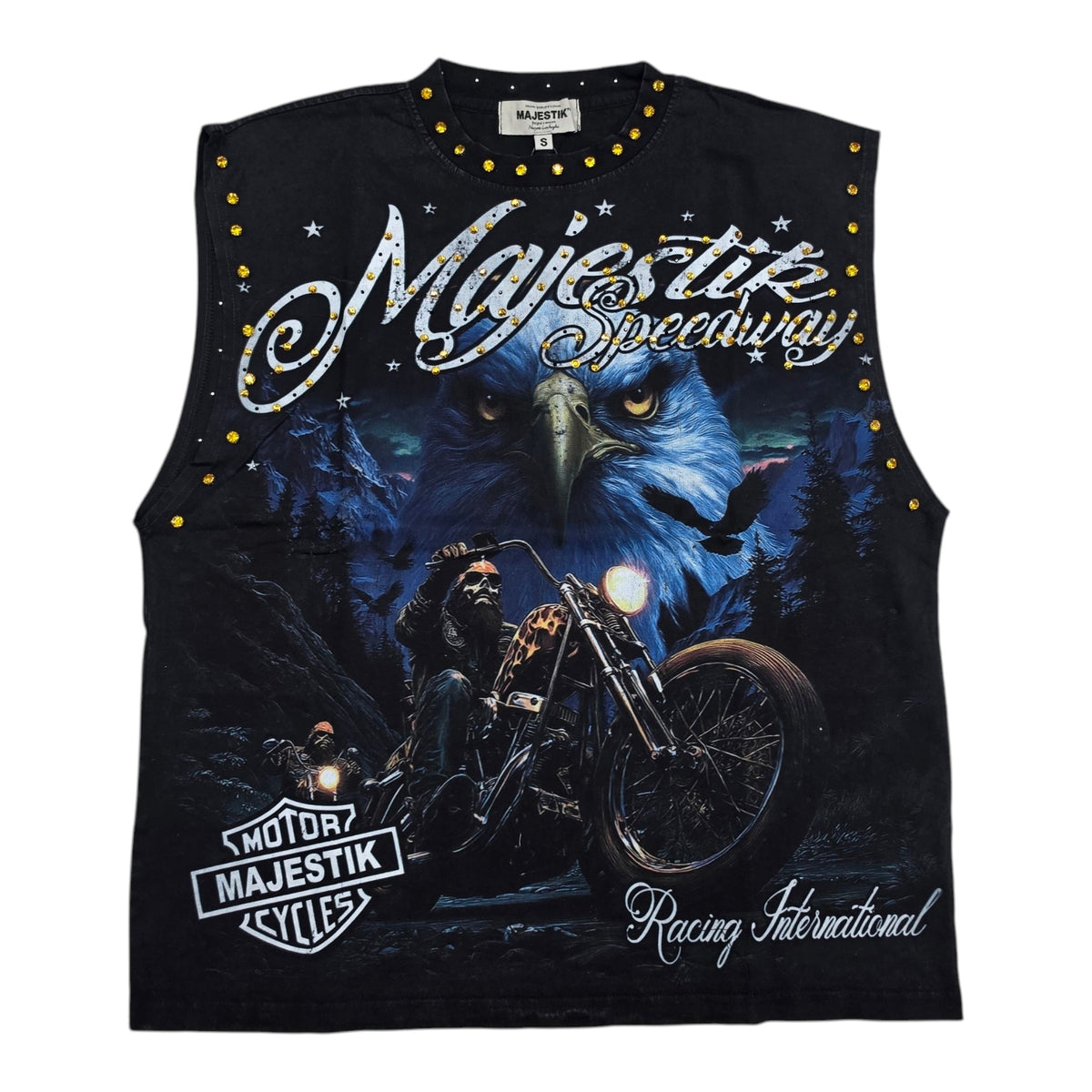 MAJESTIK MEN'S RHINESTONE BIKER EAGLE OVERSIZED SLEEVELESS T-SHIRT