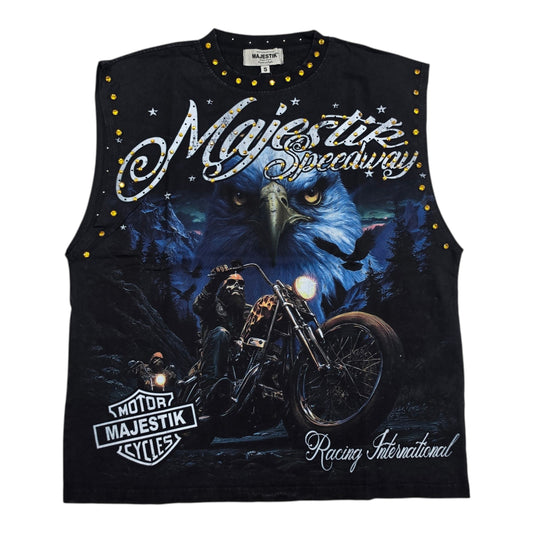 MAJESTIK MEN'S RHINESTONE BIKER EAGLE OVERSIZED SLEEVELESS T-SHIRT