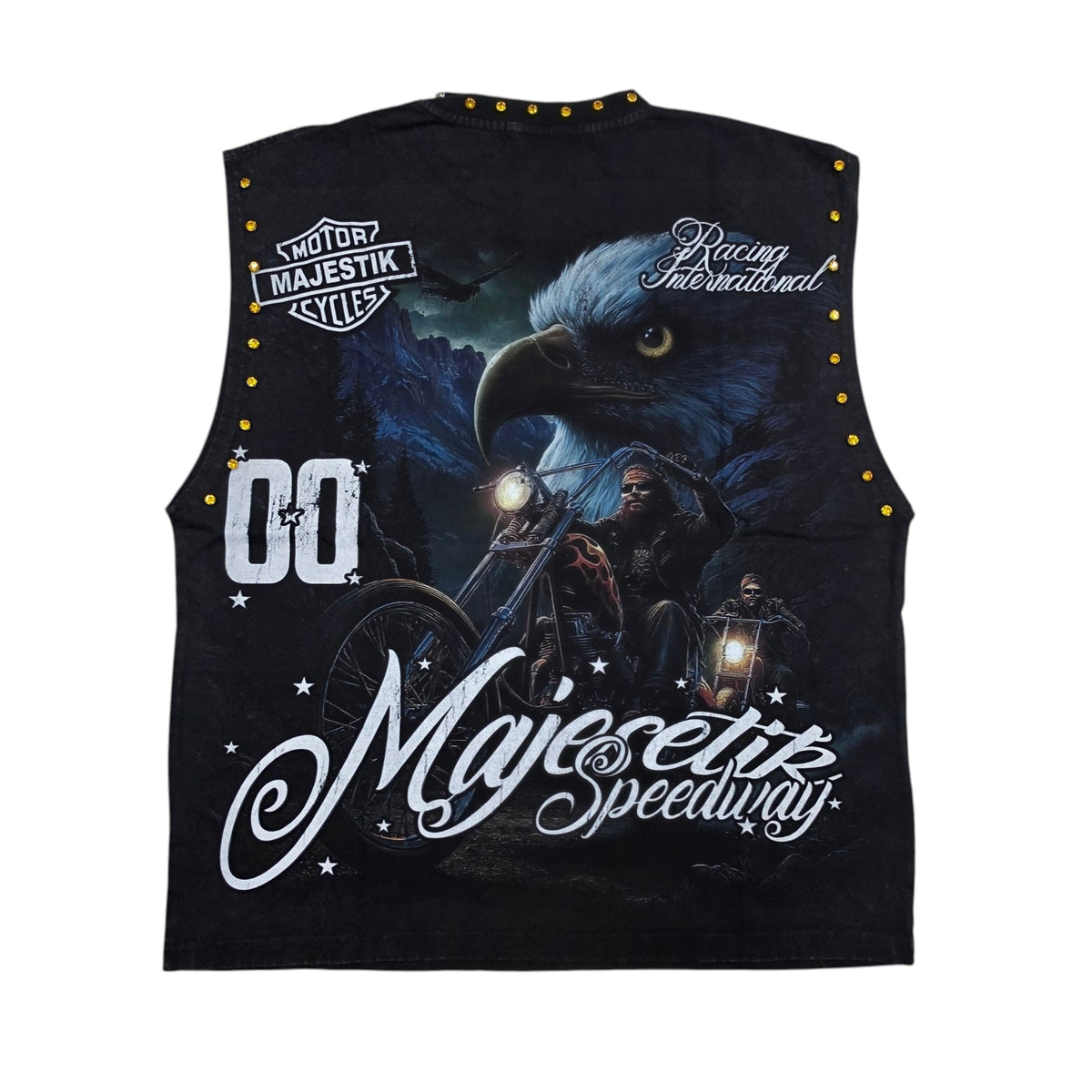 MAJESTIK MEN'S RHINESTONE BIKER EAGLE OVERSIZED SLEEVELESS T-SHIRT