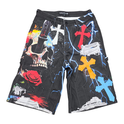 VICIOUS MEN'S OVERSIZED SKULL & CROSS PATCH CARPENTER SHORTS VC1129