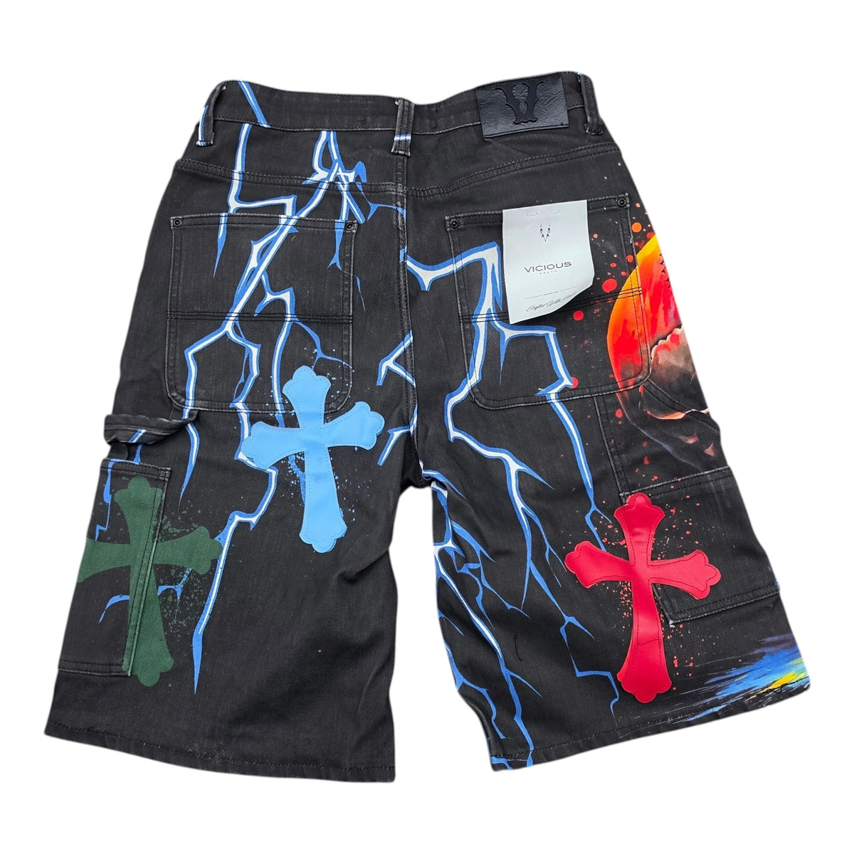 VICIOUS MEN'S OVERSIZED SKULL & CROSS PATCH CARPENTER SHORTS VC1129