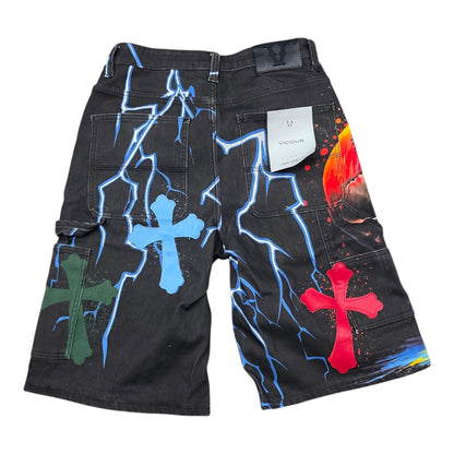 VICIOUS MEN'S OVERSIZED SKULL & CROSS PATCH CARPENTER SHORTS VC1129