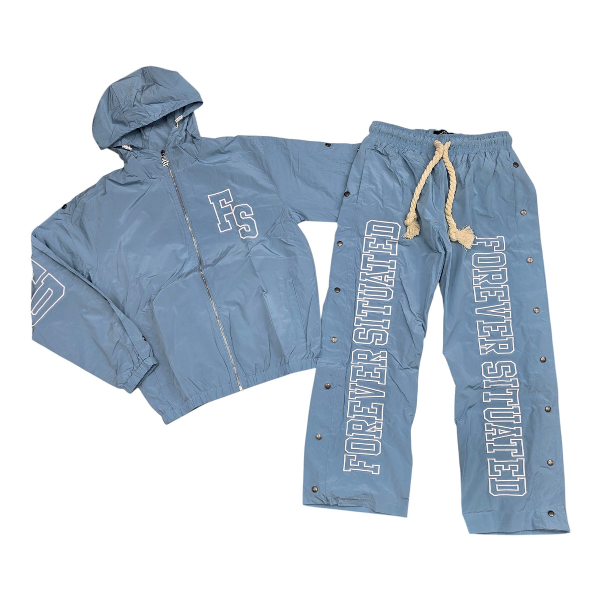 MEN’S FOREVER SITUATED SNAP-SIDE NYLON TRACKSUIT BABY BLUE