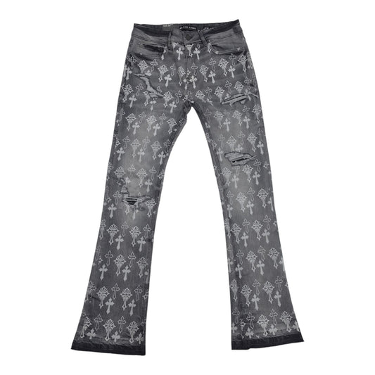 BLACK LIGHT MEN’S ALL-OVER CROSS DISTRESSED STACKED JEANS 70148 GREY