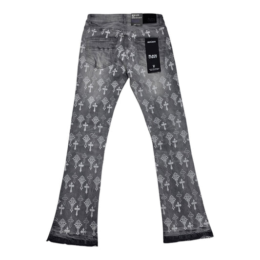 BLACK LIGHT MEN’S ALL-OVER CROSS DISTRESSED STACKED JEANS 70148 GREY