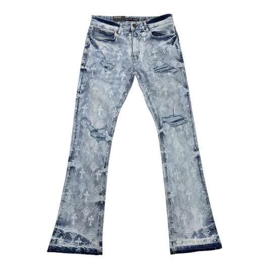BLACK LIGHT MEN’S ALL-OVER CROSS DISTRESSED STACKED JEANS 70148 ICE BLUE