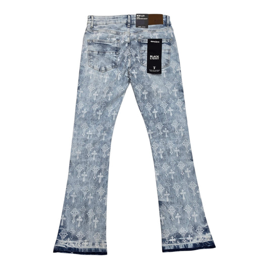 BLACK LIGHT MEN’S ALL-OVER CROSS DISTRESSED STACKED JEANS 70148 ICE BLUE