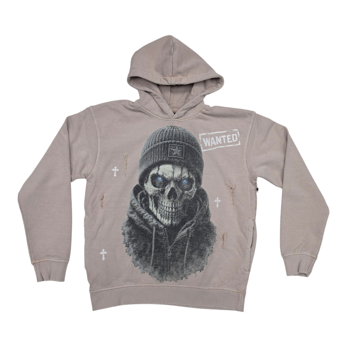 BLACK LIGHT MEN’S WANTED SKULL 550 GSM FRENCH TERRY HOODIE 26825 STONE