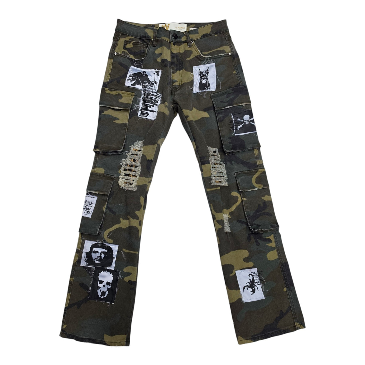 WAIMEA MEN'S PATCHWORK DISTRESSED STRAIGHT FIT CARGO JEANS CAMO