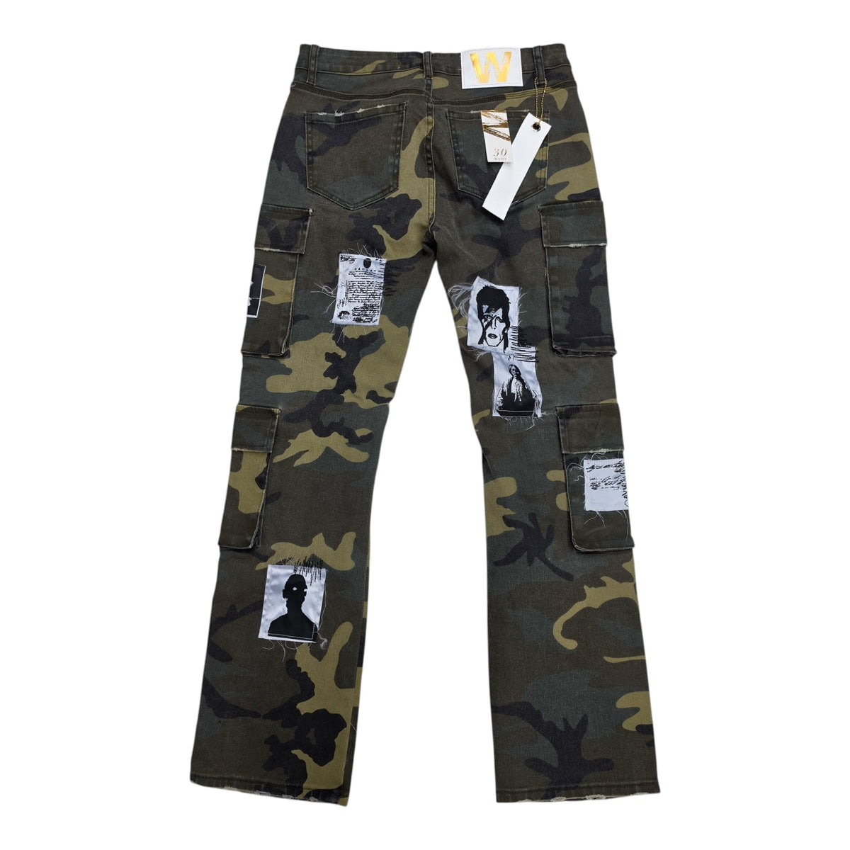 WAIMEA MEN'S PATCHWORK DISTRESSED STRAIGHT FIT CARGO JEANS CAMO