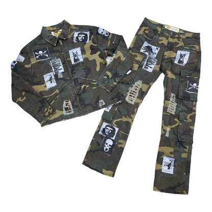 WAIMEA MEN'S PATCHWORK DISTRESSED STRAIGHT FIT CARGO JEANS CAMO