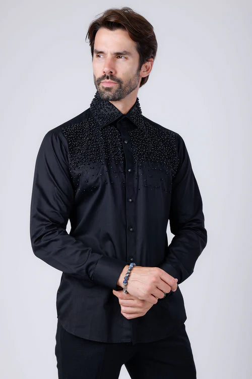 GEM & PEARLS RHINESTONES LONG SLEEVE SHIRT BLK/BLK 4BR413