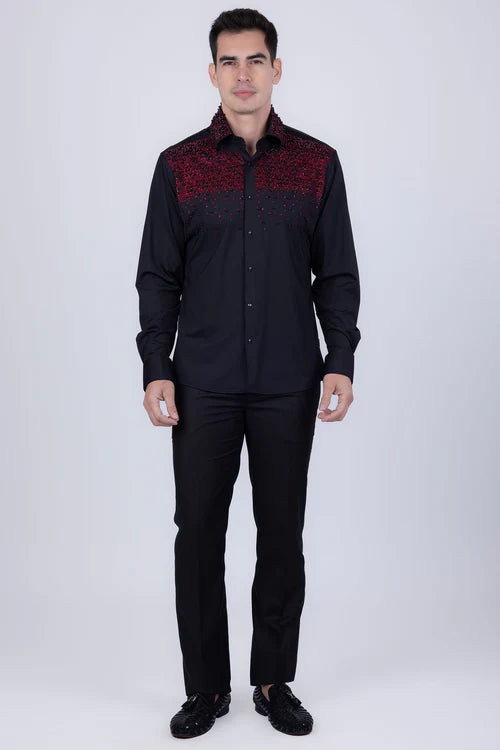 GEM & PEARLS RHINESTONES LONG SLEEVE SHIRT BLK/RED 4BR413