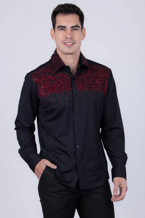 GEM & PEARLS RHINESTONES LONG SLEEVE SHIRT BLK/RED 4BR413