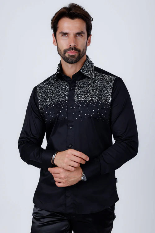 GEM & PEARLS RHINESTONES LONG SLEEVE SHIRT BLK/SILVER 4BR413