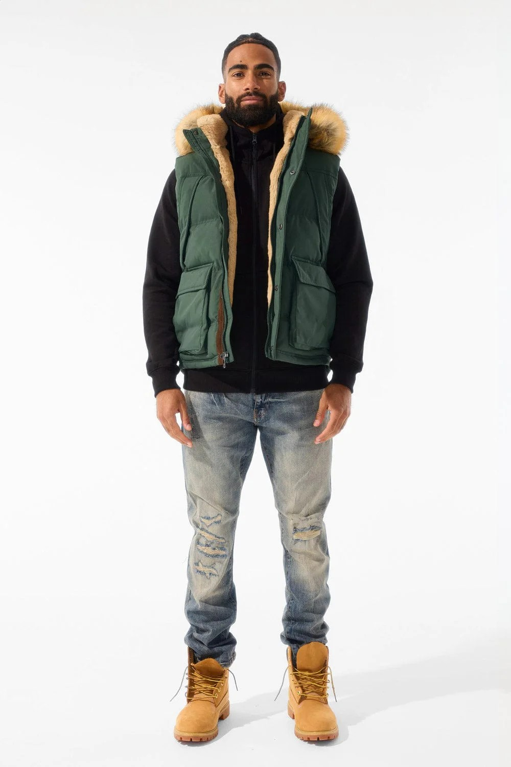 YUKON FUR LINED PUFFER VEST DARK OLIVE