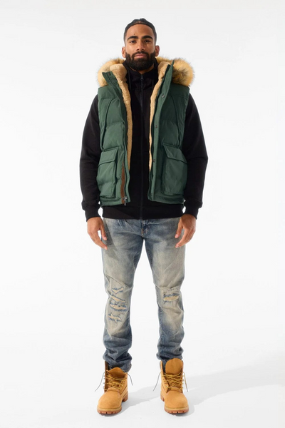 YUKON FUR LINED PUFFER VEST DARK OLIVE