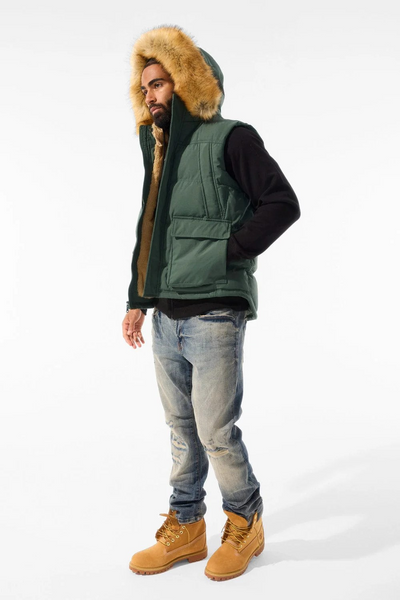 YUKON FUR LINED PUFFER VEST DARK OLIVE