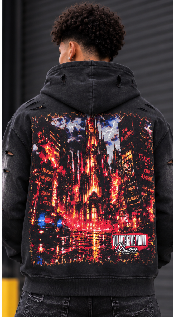BLACK LIGHT MEN’S URBAN CHAOS 550 GSM FRENCH TERRY ZIP-UP HOODIE CHARCOAL 26926