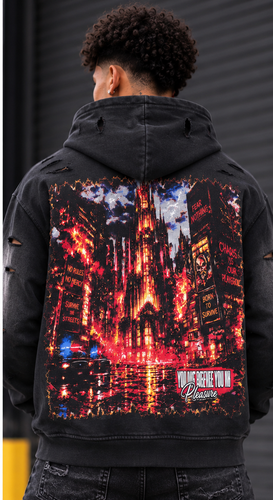 BLACK LIGHT MEN’S URBAN CHAOS 550 GSM FRENCH TERRY ZIP-UP HOODIE CHARCOAL 26926