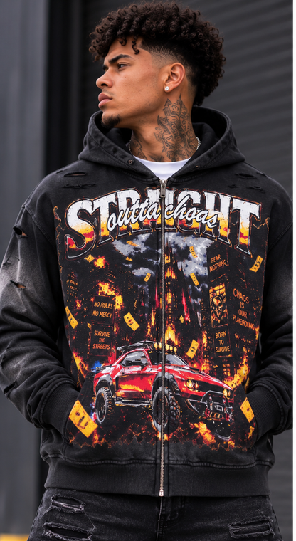 BLACK LIGHT MEN’S URBAN CHAOS 550 GSM FRENCH TERRY ZIP-UP HOODIE CHARCOAL 26926