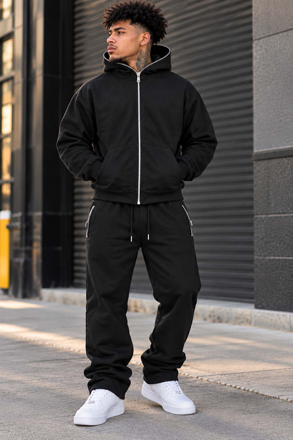HUDSON MEN'S PREMIUM ZIP-UP SWEATSUIT SET BLACK
